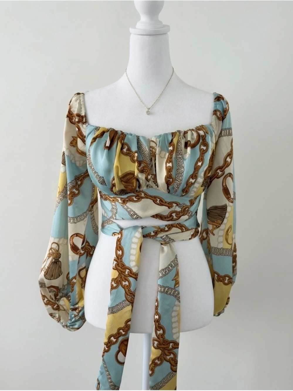 Women's Aqua Chain Print Off-Shoulder Wrap Blouse